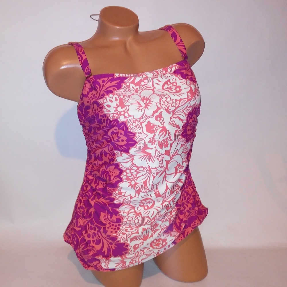 Ralph Lauren Swim Tankini Top Size 16W Pink Orange White Floral No Padding